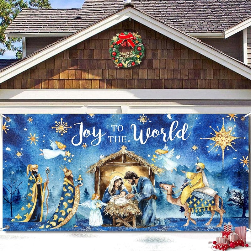 DZLGC Christmas Nativity Garage Door Decoration Cover, Large Christmas Jesus Birthday Garage Door Banner Backdrop, Joy to The World Winter Holiday Supplies Party Background for Photo Decor 16X7FT - Image 3